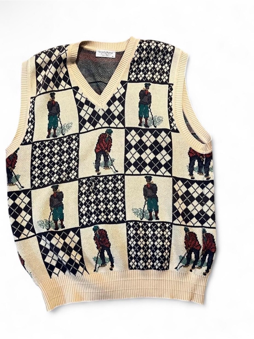 Vintage Knit Golf Pattern V-Neck Sweater Vest - Cream/Blue MADE IN THE USA